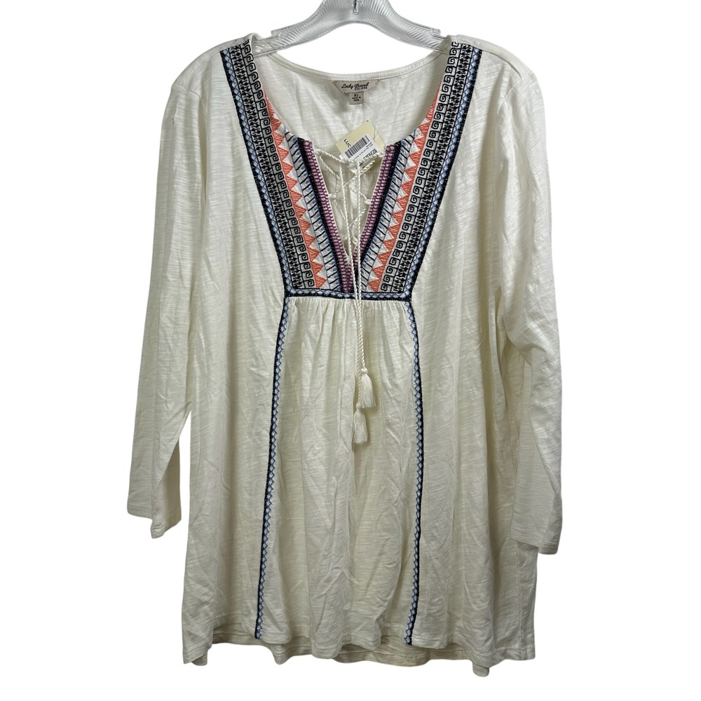 Lucky Brand Womens XL White Embroidered Tassel Peasant Top 7W63189 NWT